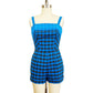 1950s Lee Swimplay Suits Plaid Blue Black Cotton Playsuit Retro Swimsuit Bathing Suit Pin Up Romper Rockabilly / Small