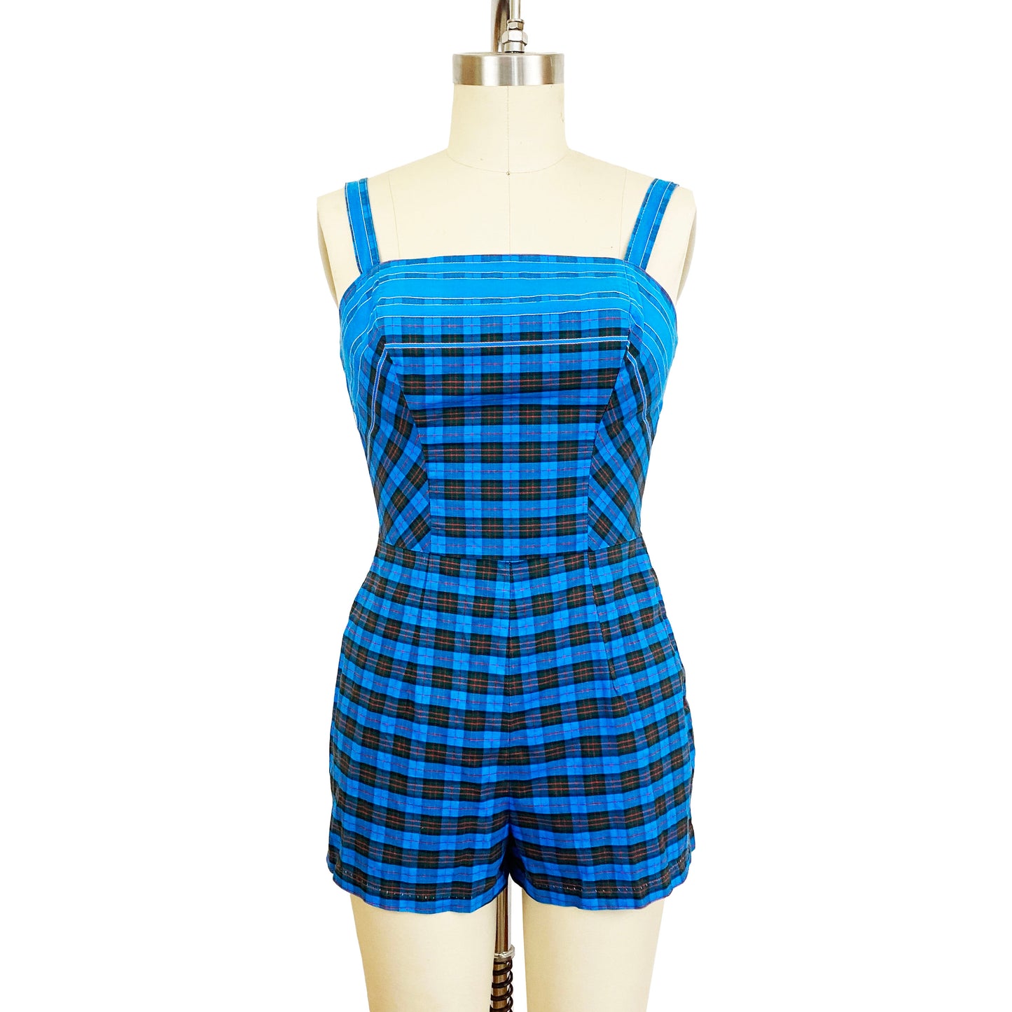 1950s Lee Swimplay Suits Plaid Blue Black Cotton Playsuit Retro Swimsuit Bathing Suit Pin Up Romper Rockabilly / Small