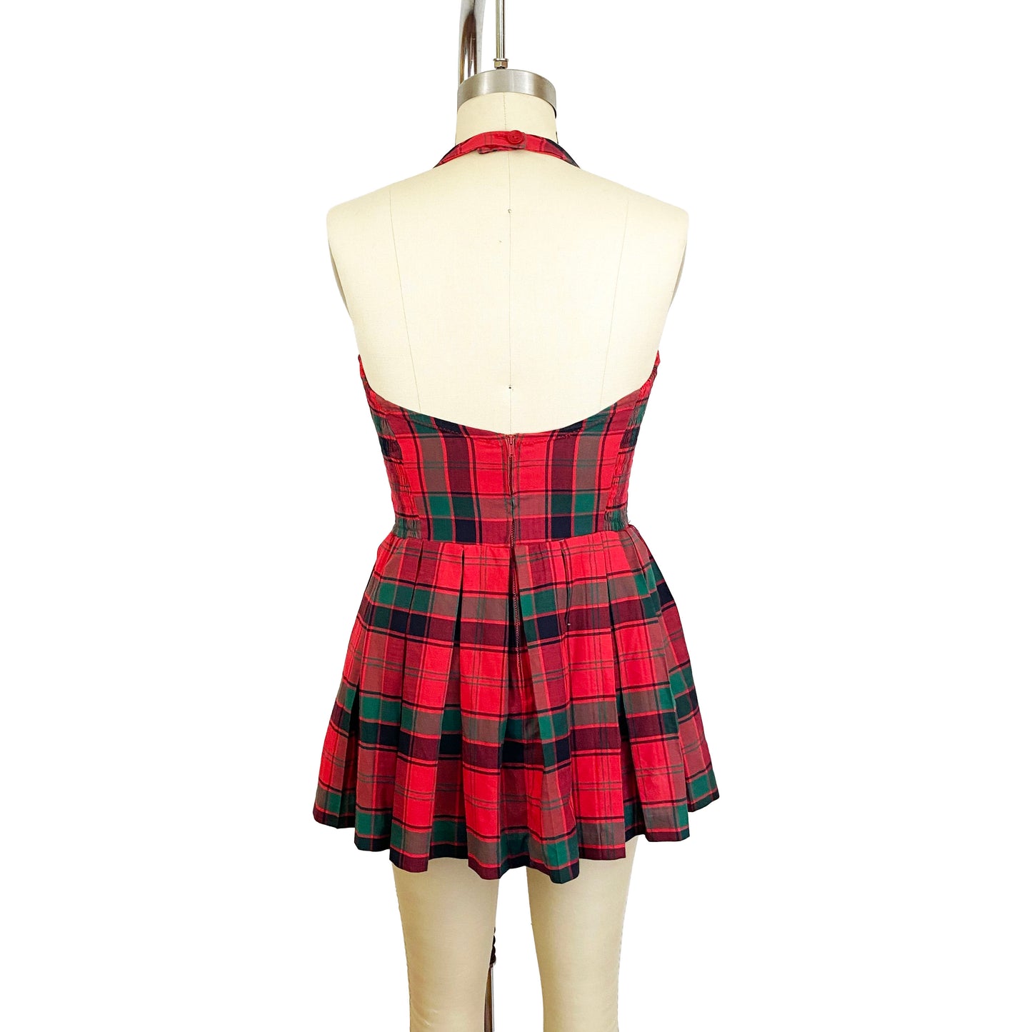 1950s Brigance for Sinclair Red Green Plaid Playsuit Halter Mini Dress Retro Bathing Suit Pin Up Rockabilly / Medium