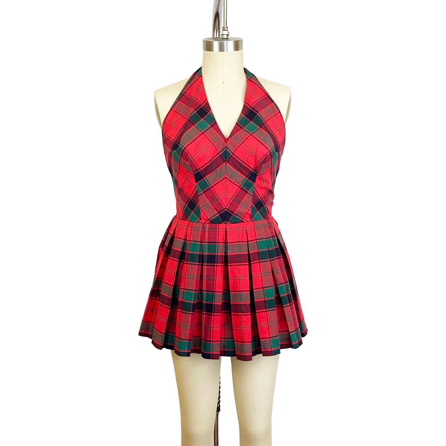 1950s Brigance for Sinclair Red Green Plaid Playsuit Halter Mini Dress Retro Bathing Suit Pin Up Rockabilly / Medium