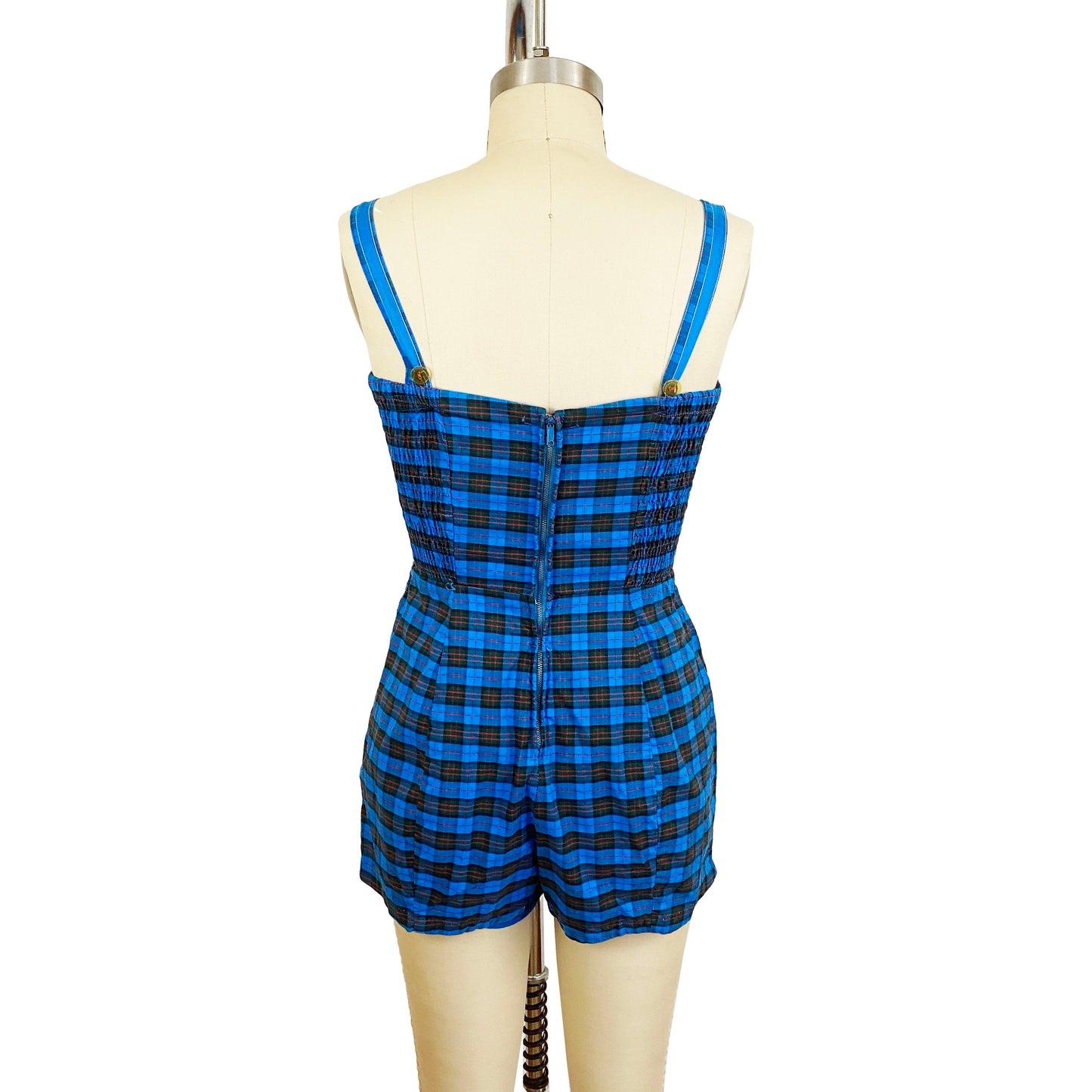 1950s Lee Swimplay Suits Plaid Blue Black Cotton Playsuit Retro Swimsuit Bathing Suit Pin Up Romper Rockabilly / Small