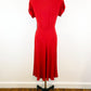 1940s Scarlet Red Rayon Gathered Trim A-line Dress Romantic Red Dress Pin Up Rockabilly / Small 6