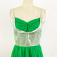 1950s Silver Lame and Green Chiffon Shelf Bust Cocktail Dress Holiday Party / Small 4