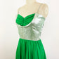 1950s Silver Lame and Green Chiffon Shelf Bust Cocktail Dress Holiday Party / Small 4