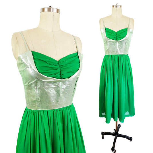 1950s Silver Lame and Green Chiffon Shelf Bust Cocktail Dress Holiday Party / Small 4
