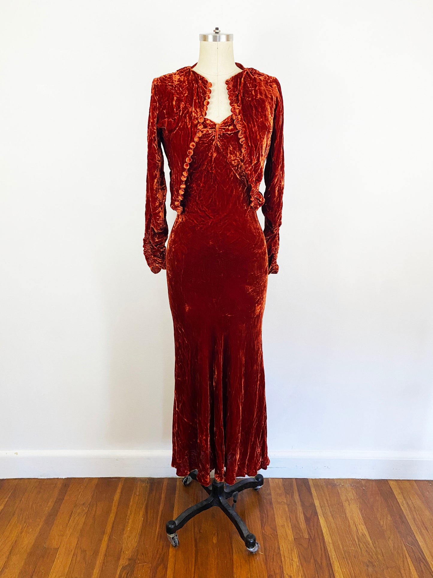 1930s Burnt Orange Silk Velvet Bias Cut Slip Dress With Bolero Open Sleeves Jacket 30s Evening Gown / Size Small