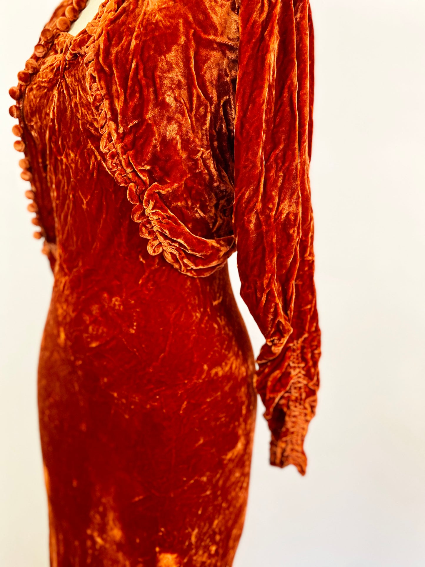 1930s Burnt Orange Silk Velvet Bias Cut Slip Dress With Bolero Open Sleeves Jacket 30s Evening Gown / Size Small