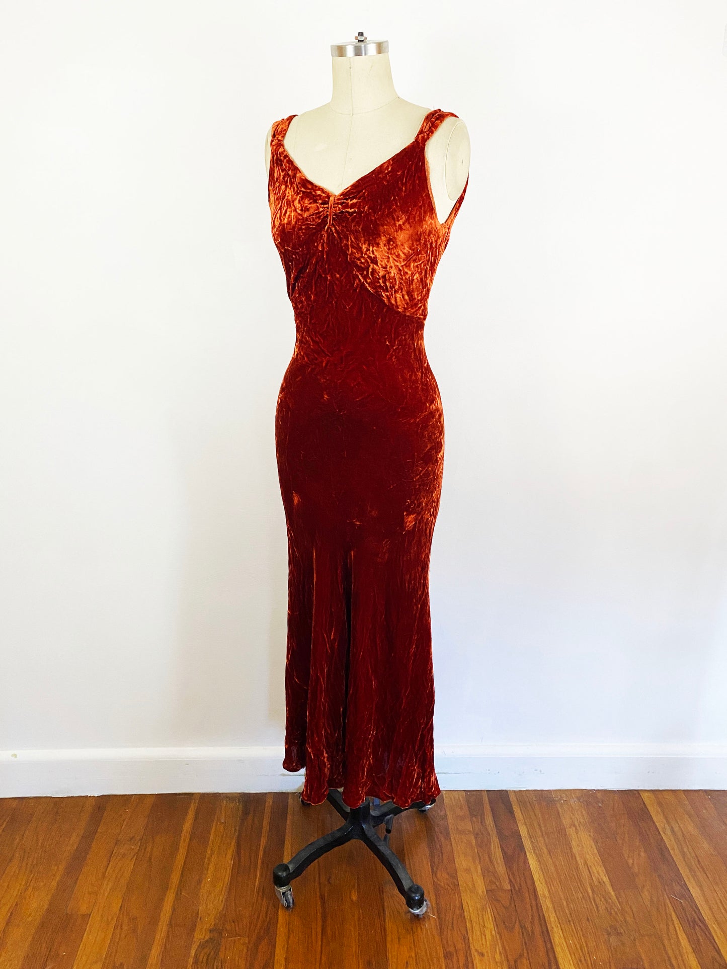 1930s Burnt Orange Silk Velvet Bias Cut Slip Dress With Bolero Open Sleeves Jacket 30s Evening Gown / Size Small