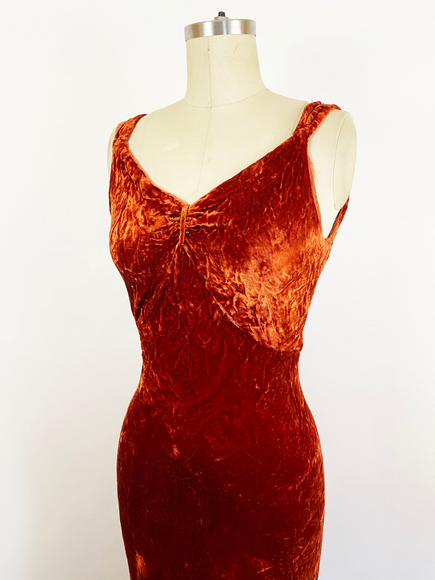 1930s Burnt Orange Silk Velvet Bias Cut Slip Dress With Bolero Open Sleeves Jacket 30s Evening Gown / Size Small