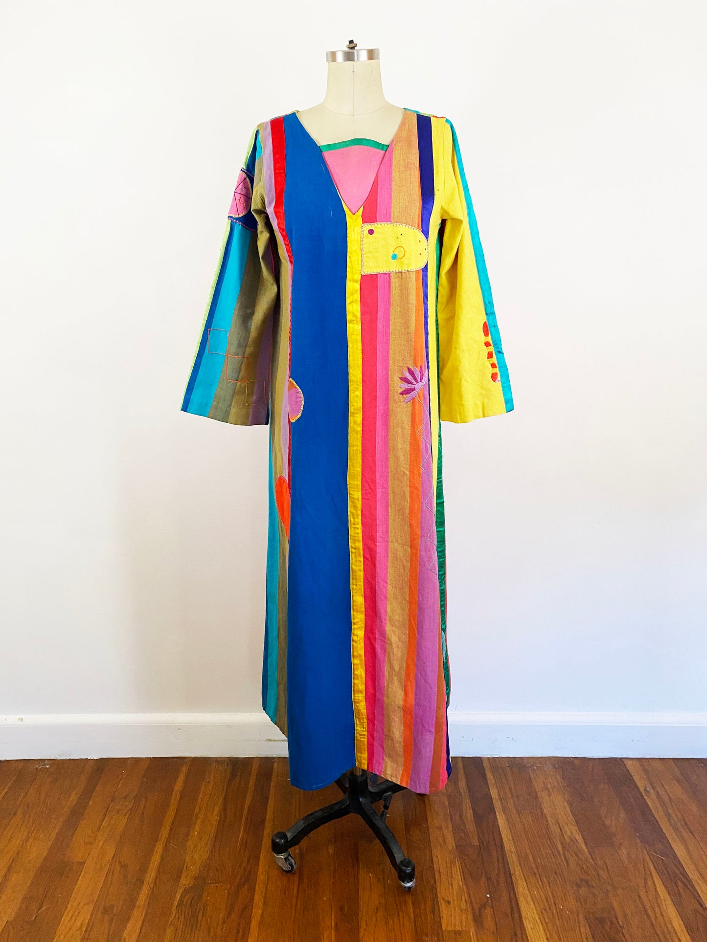 1970s Josefa Hand Embroidered Rainbow Patchwork Cotton Caftan Vintage Mexican Maxi Dress Kaftan / Small-Medium