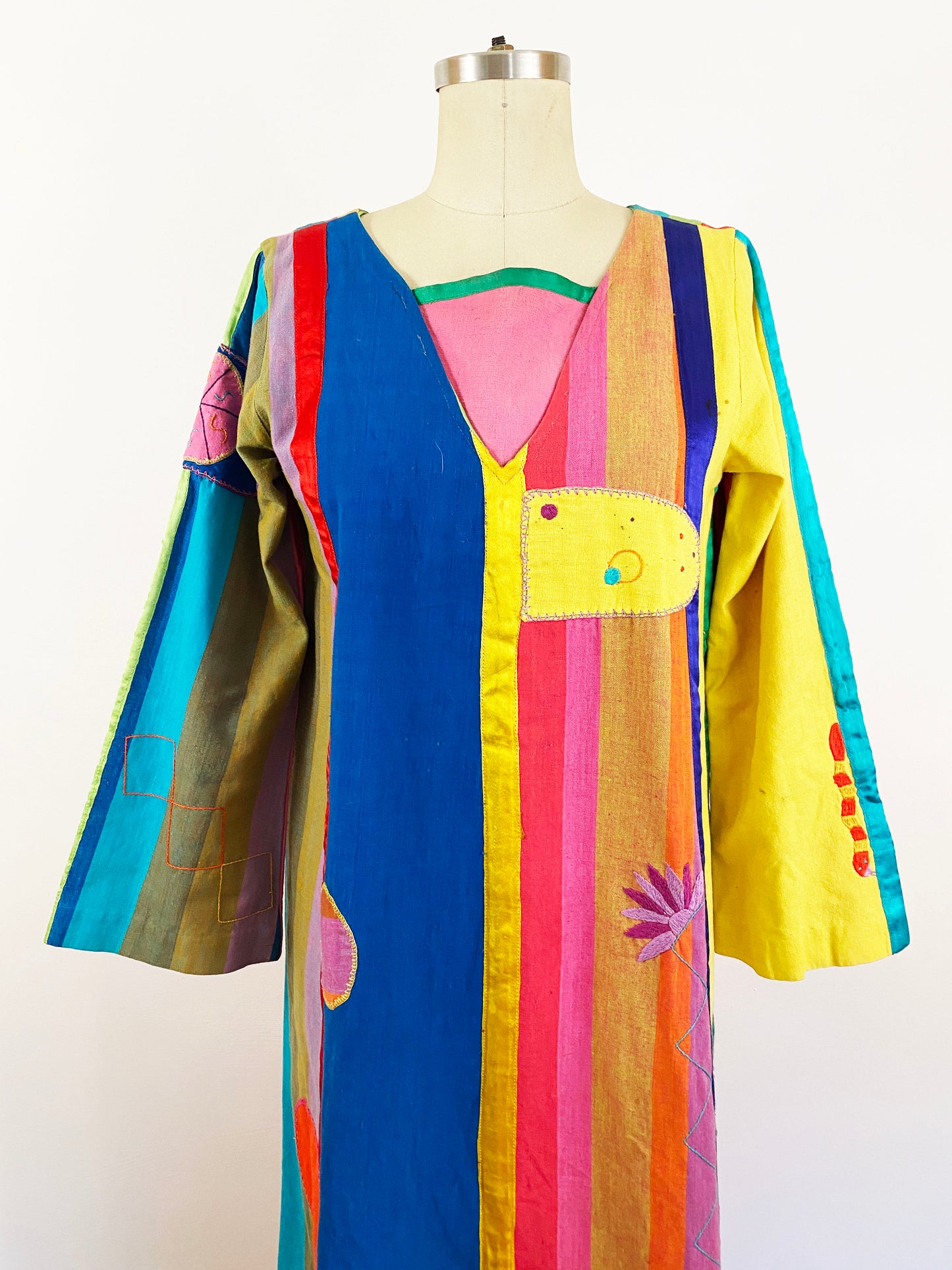 1970s Josefa Hand Embroidered Rainbow Patchwork Cotton Caftan Vintage Mexican Maxi Dress Kaftan / Small-Medium