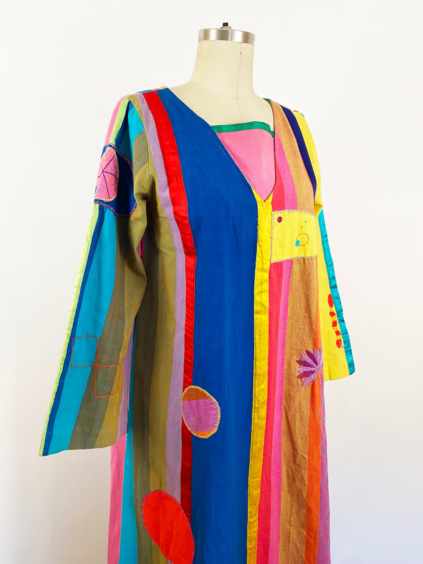 1970s Josefa Hand Embroidered Rainbow Patchwork Cotton Caftan Vintage Mexican Maxi Dress Kaftan / Small-Medium