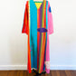 1970s Josefa Hand Embroidered Rainbow Patchwork Cotton Caftan Vintage Mexican Maxi Dress Kaftan / Small-Medium