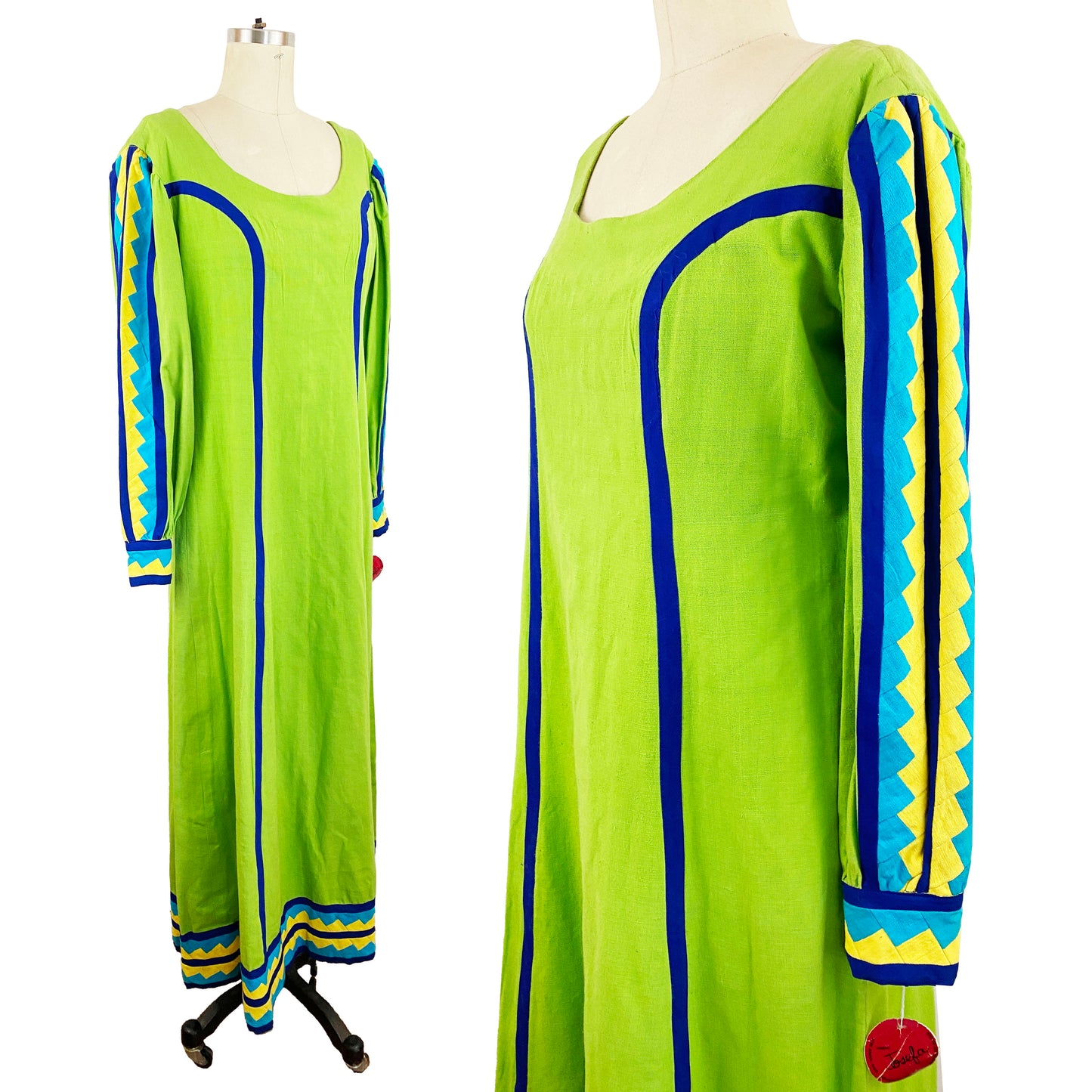 1970s Josefa Lime Green Quilted Detail Cotton Long Sleeved Caftan Vintage Mexican Maxi Dress A-line Kaftan Dead Stock / Medium-Large