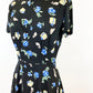 1940s Juro Jr Navy Rayon Hat and Hat Boxes Novelty Print Peplum Dress / Size Small