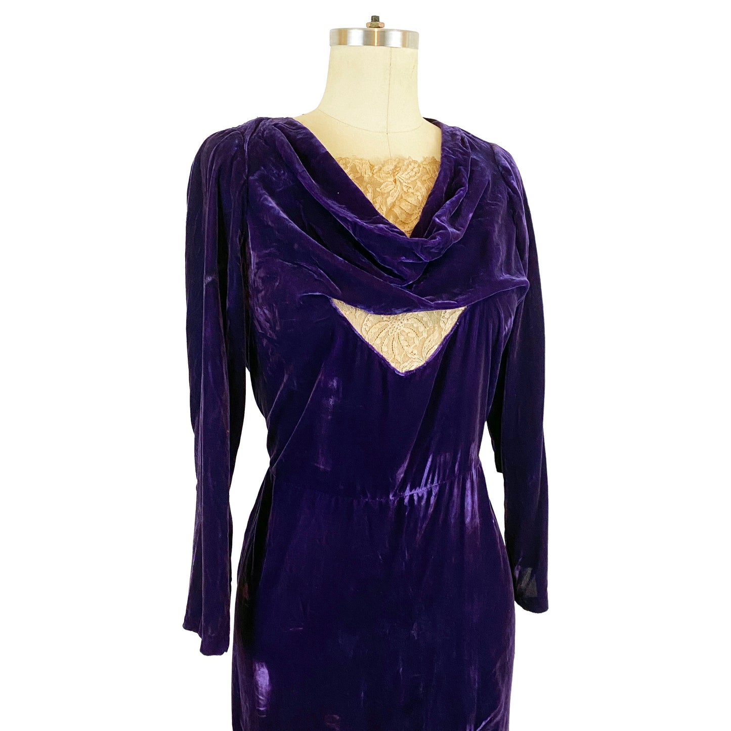 1930s Royal Purple Silk Velvet A-line Dress With Gathered and Lace Collar 30s Evening Gown / Medium