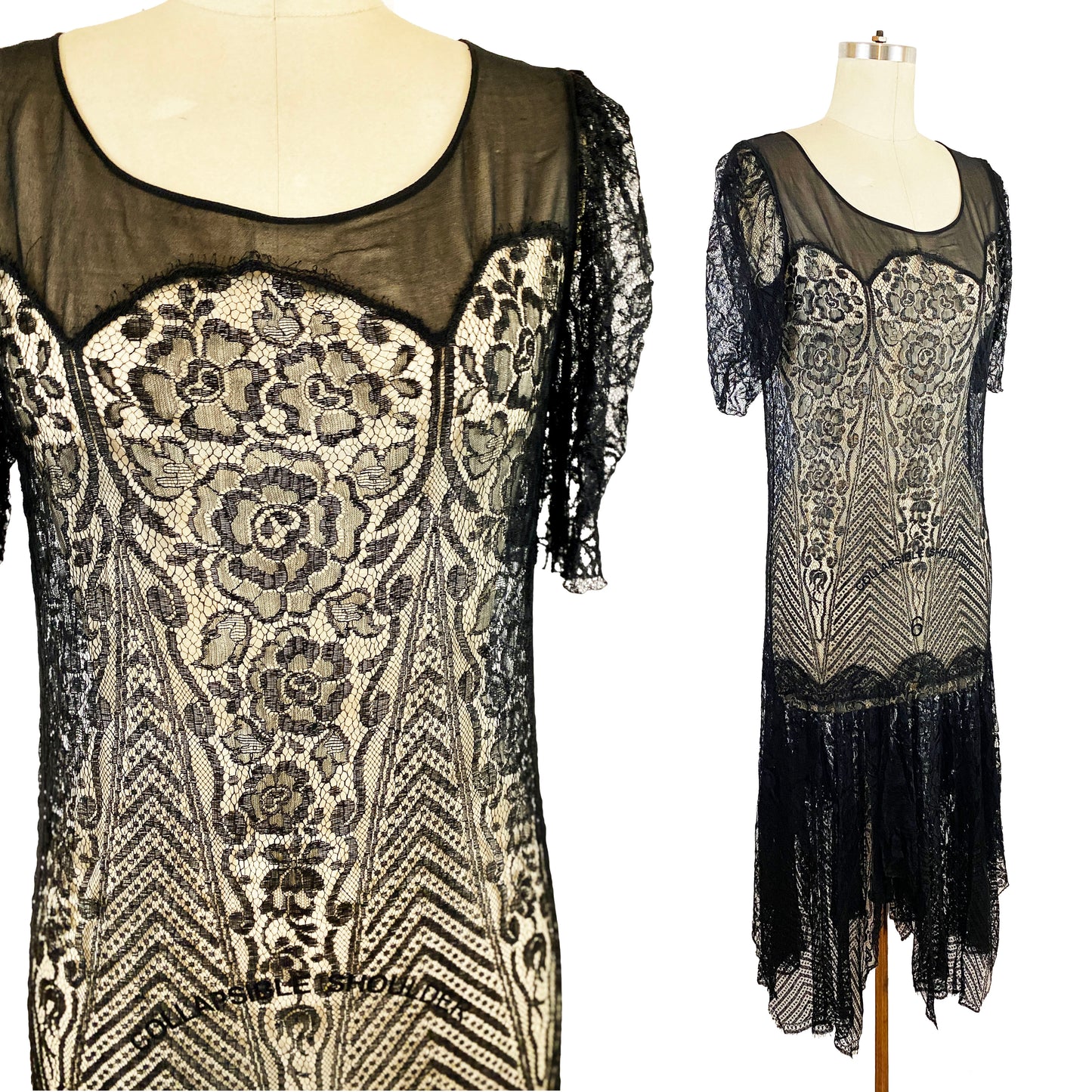 1920s Black Art Nouveau Floral Lace Sheer Dropped Waist Dress Flapper Goth Vamp Sexy Romantic Great Gatsby / Small