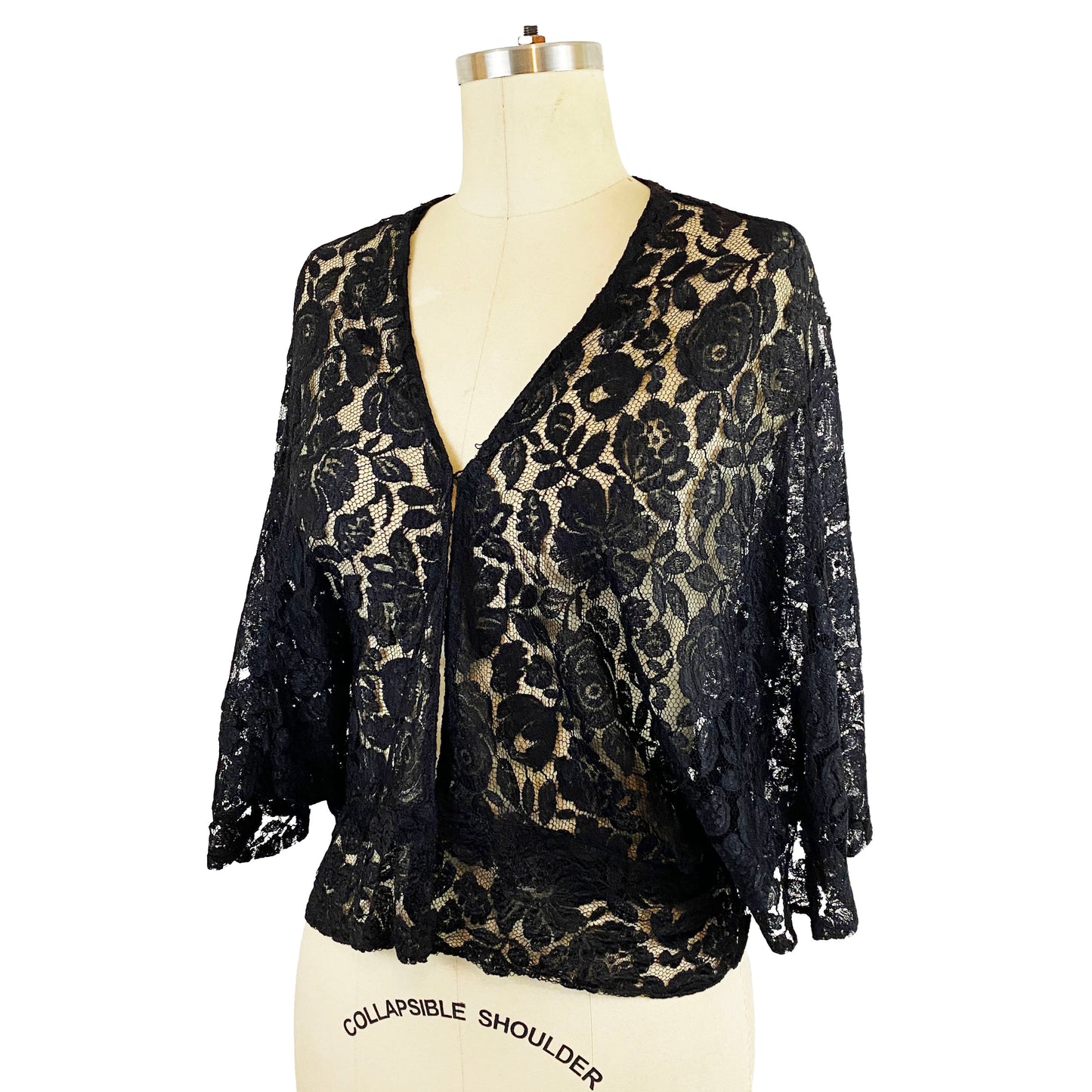 1930s Black Floral Lace Sheer Short Dolman Sleeve Bolero Jacket Goth Vamp Sexy Romantic / Large / Extra Large