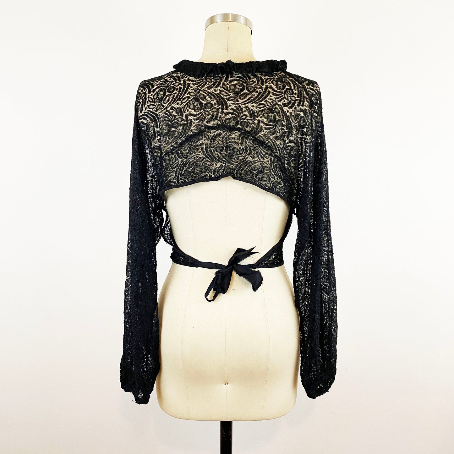 1900s Black Lace Ruffle Collar Long Sleeve Blouse Open Back Waist Tie Goth Vamp Sexy Romantic / Medium