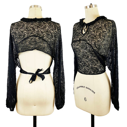1900s Black Lace Ruffle Collar Long Sleeve Blouse Open Back Waist Tie Goth Vamp Sexy Romantic / Medium