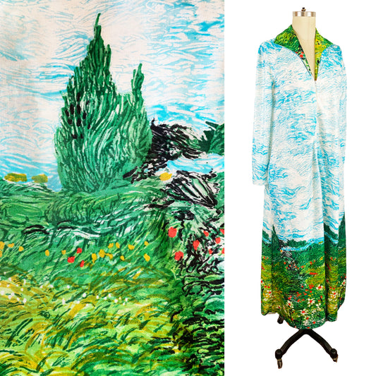 1970s Van Gogh Style Landscape Kaftan Polyester Wearable Art Impressionist Dress Kayser / Small / Medium