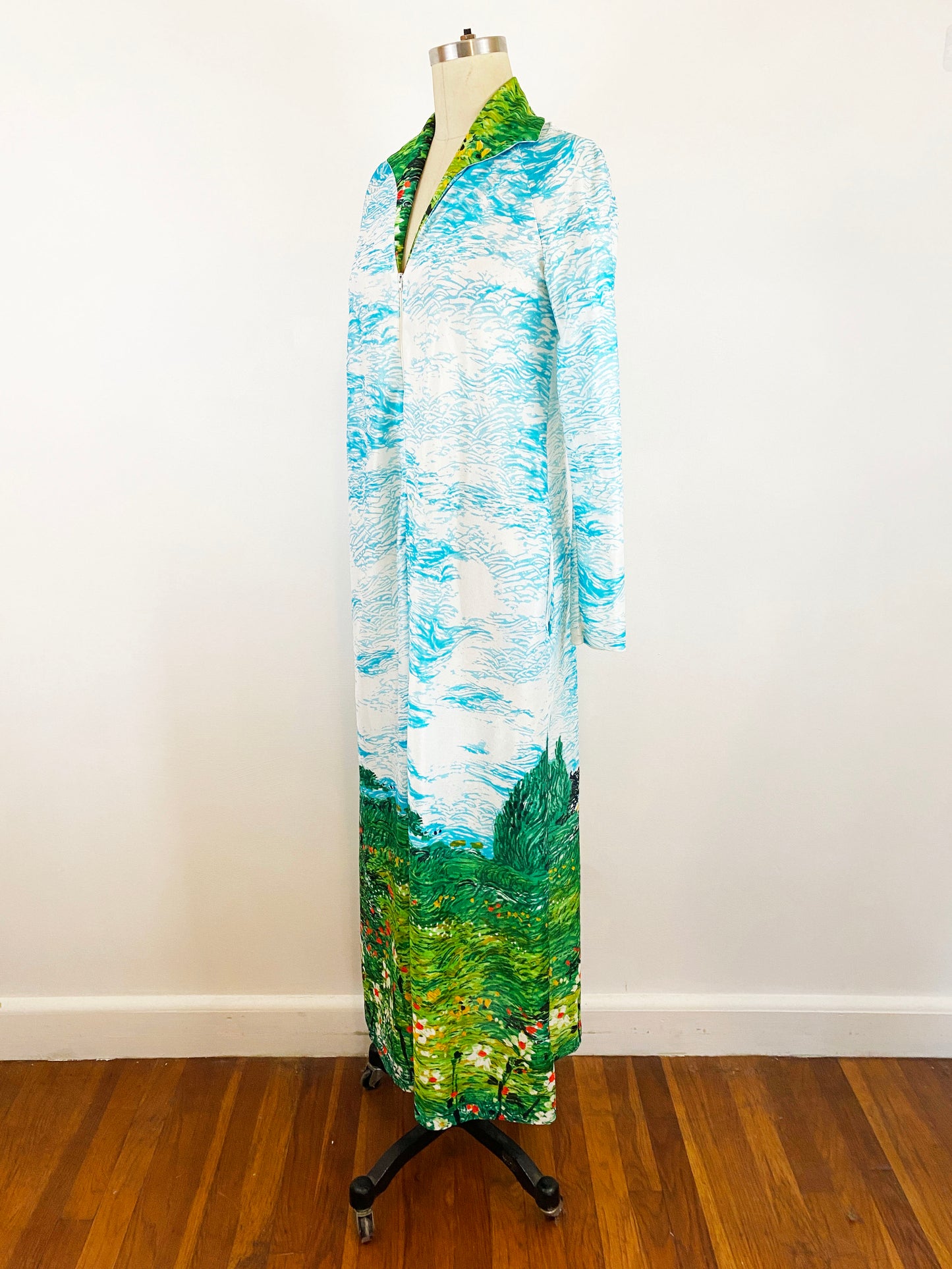1970s Van Gogh Style Landscape Kaftan Polyester Wearable Art Impressionist Dress Kayser / Small / Medium