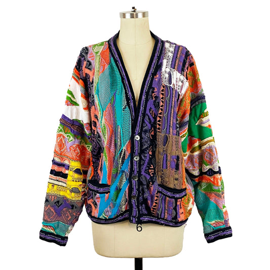 1990s Coogi Rainbow Cotton 3D Knit Cardigan Abstract 90s Sweater Vintage Australian Cardigan