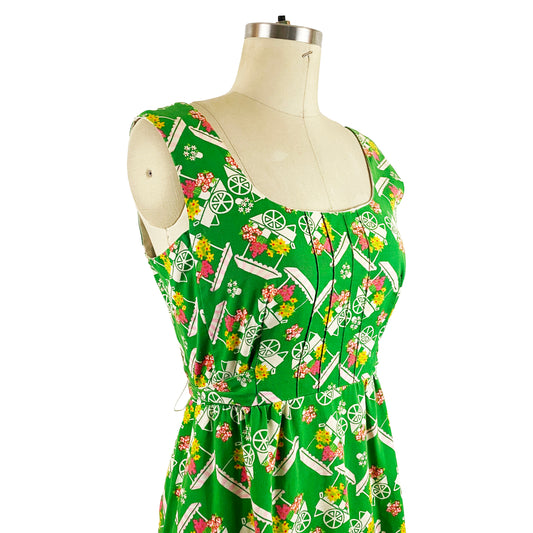 1960s Malia Honolulu Novelty Print Garden Cart Dress Vintage Hawaiian Sleeveless Sundress / Size Small