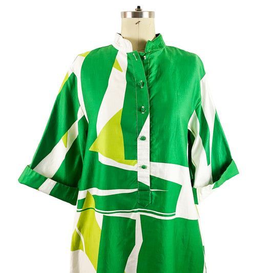 1980s Catherine Ogust Forever Dress for Penthouse Gallery Green and White Abstract Striped Cotton Shirt Tunic Dress / Size Large