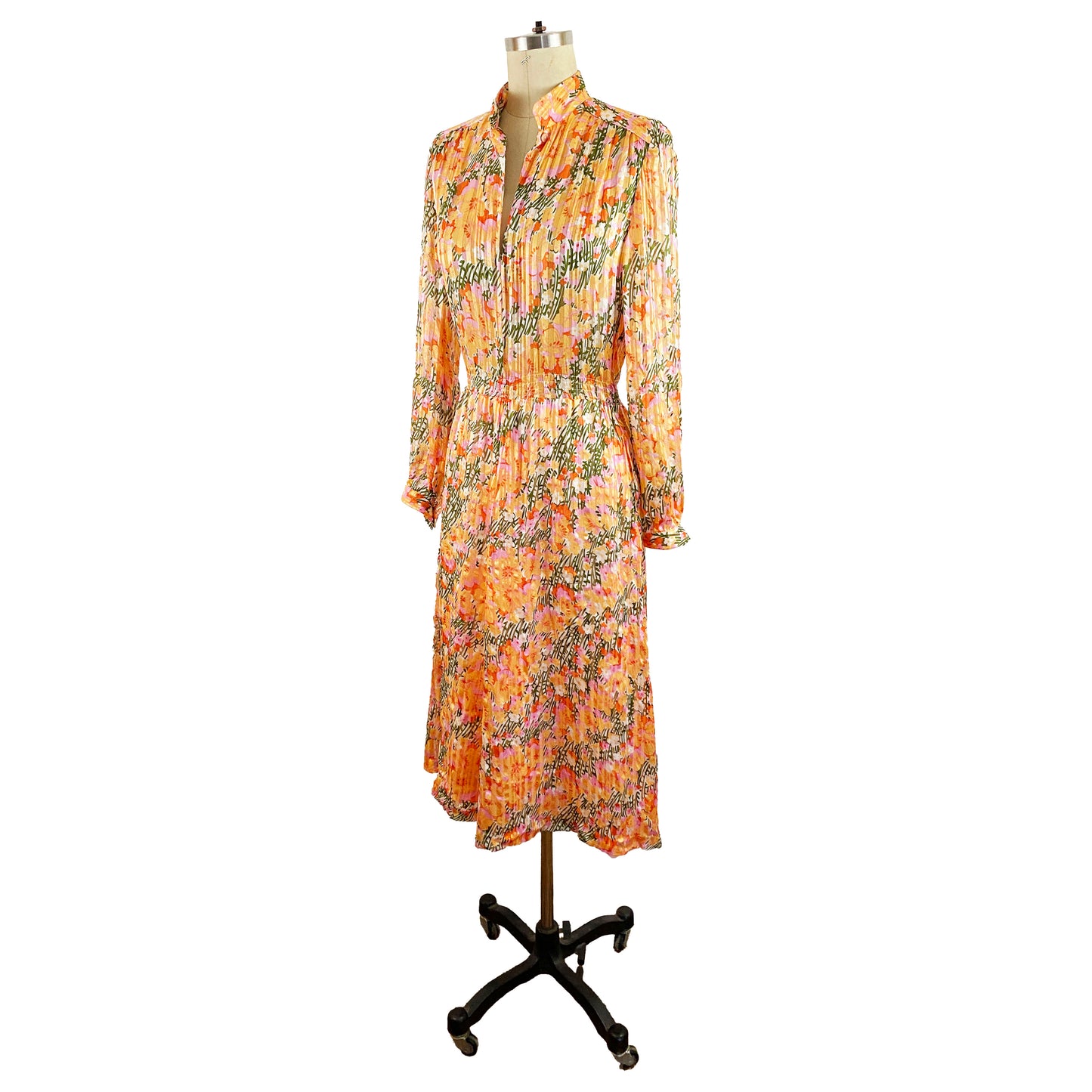 1980s John Hagarty Peach Floral Silk Striped Sheer Long Sleeve Dress Made in Ireland / Size Small