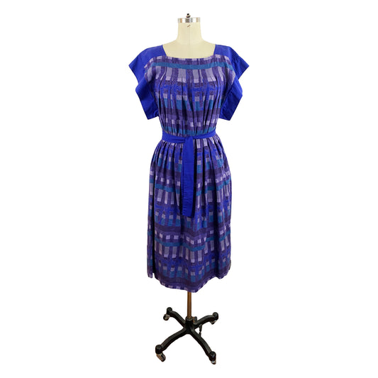1980s Marimekko Purple Striped Cotton Smock Dress Short Sleeve Suomi-Finland Scandinavian / Size Medium