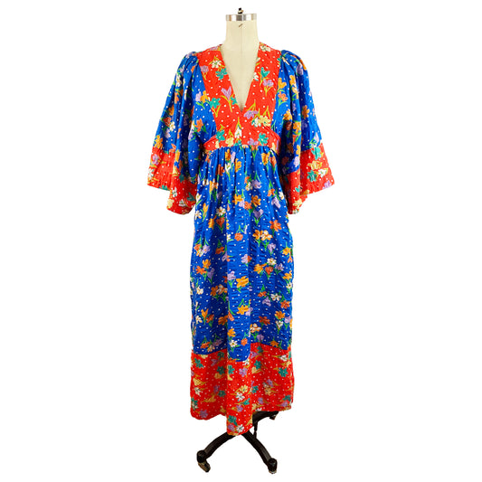 1970s Young Innocent Arpeja Kaftan Red and Blue Floral Polka Dots A-line Maxi Dress Kimono Sleeve Empire Waist / Size Small