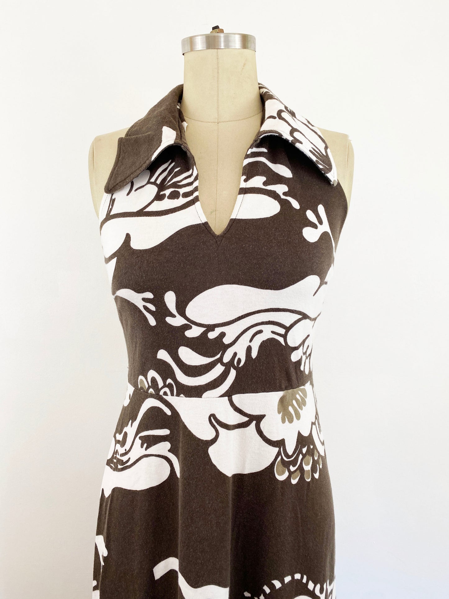 1970s Katja of Sweden Brown and White Mod Floral Jersey Cotton A-line Halter Dress Scandinavian Design / Small-Medium