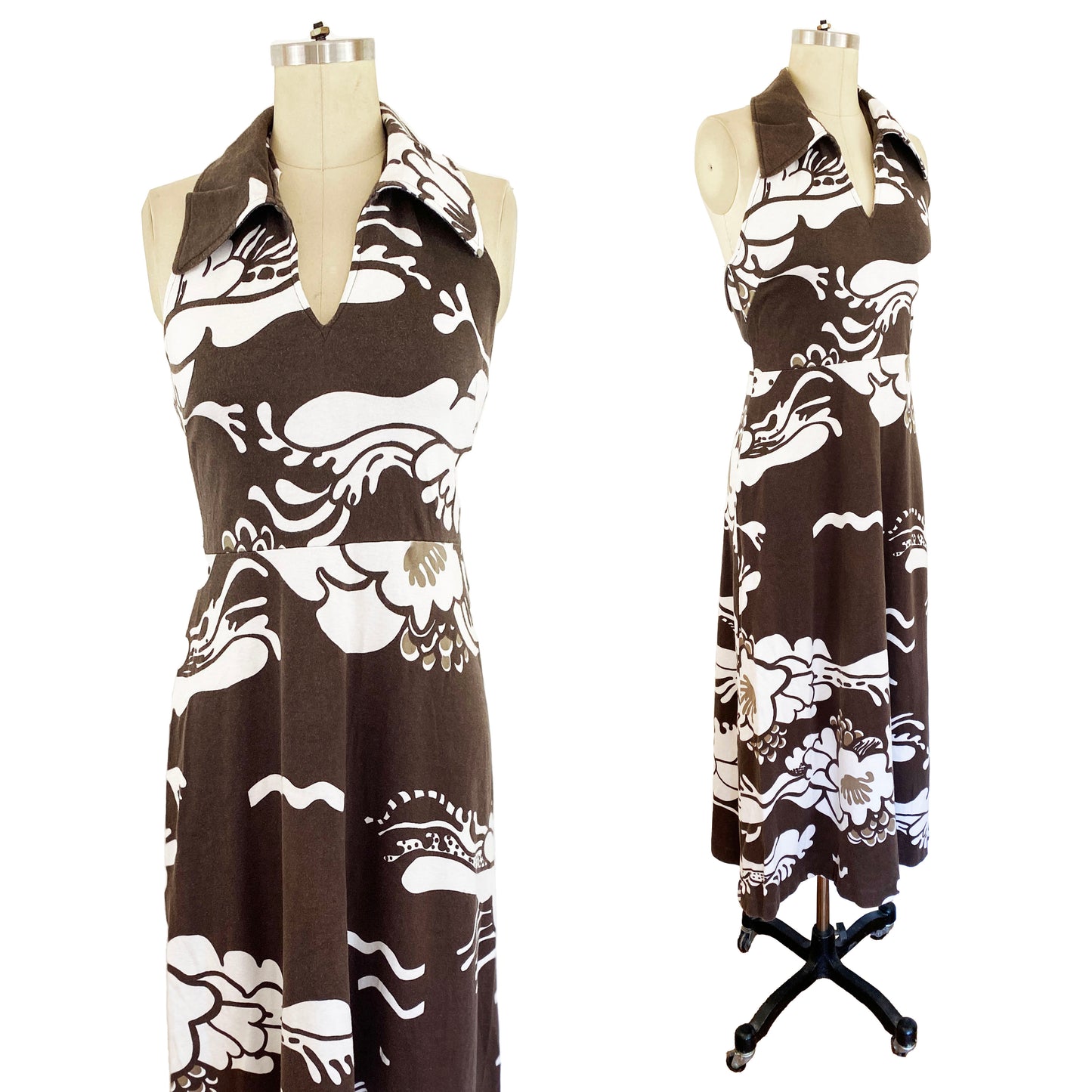 1970s Katja of Sweden Brown and White Mod Floral Jersey Cotton A-line Halter Dress Scandinavian Design / Small-Medium