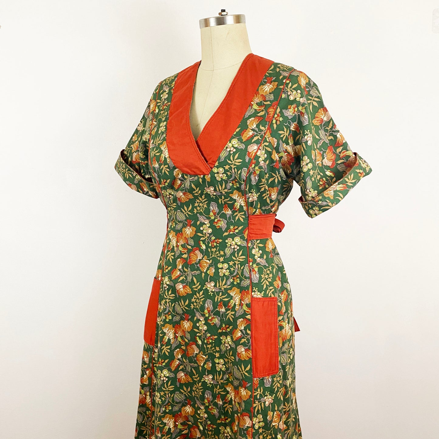 1970s Anna Belinda Liberty of London A-line Dress Green Floral Berries Burnt Orange / Small