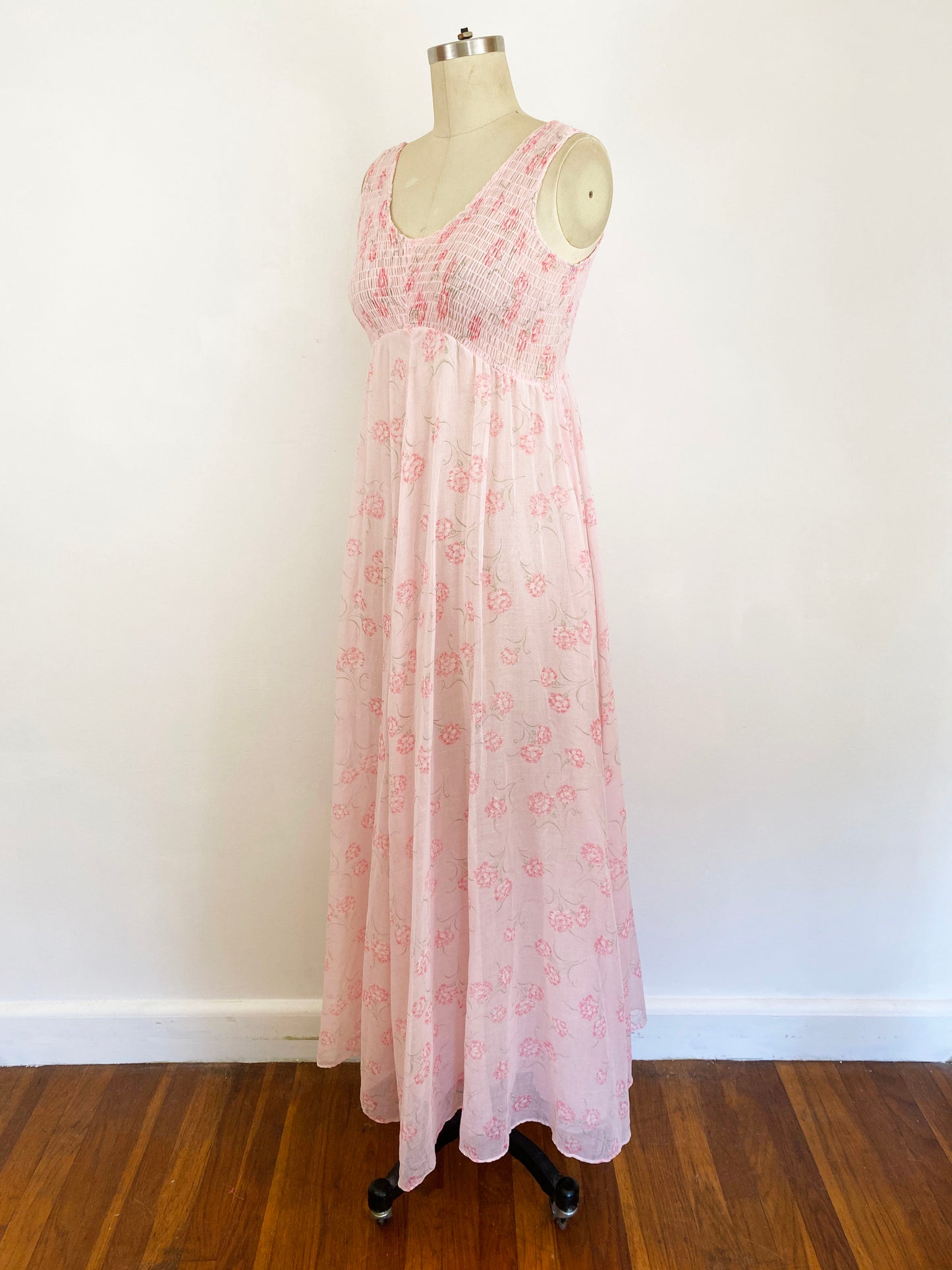 1970s Patty O'Neil Pink Floral Carnation Gauzy Smocked Empire Waist A-line Maxi Dress Etherial Prairie Dress Boho Goddess Romantic / Small