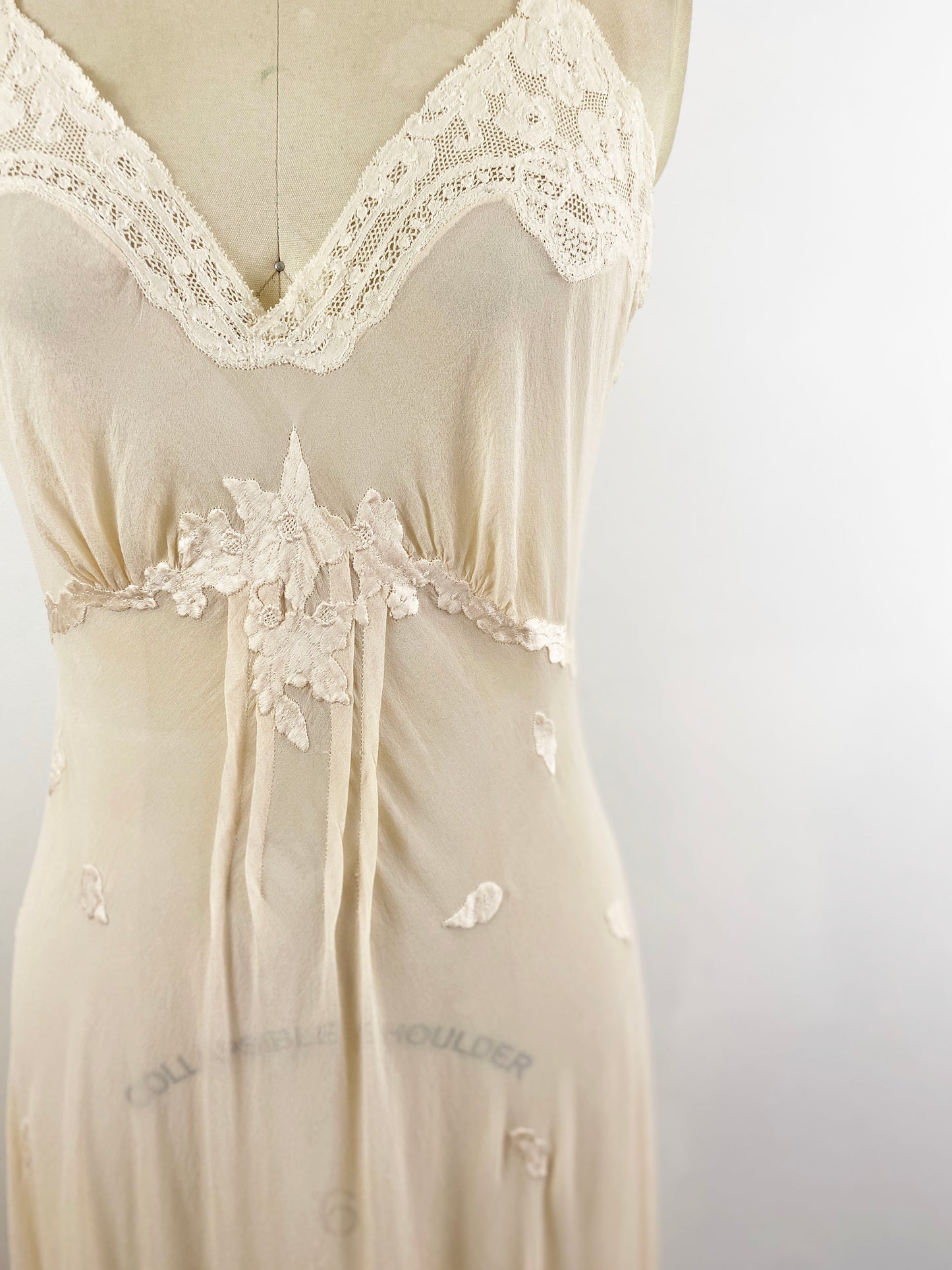 1940s Champagne Silk Bias Cut Nightgown with Floral Appliqué Maxi Slip Dress / Small