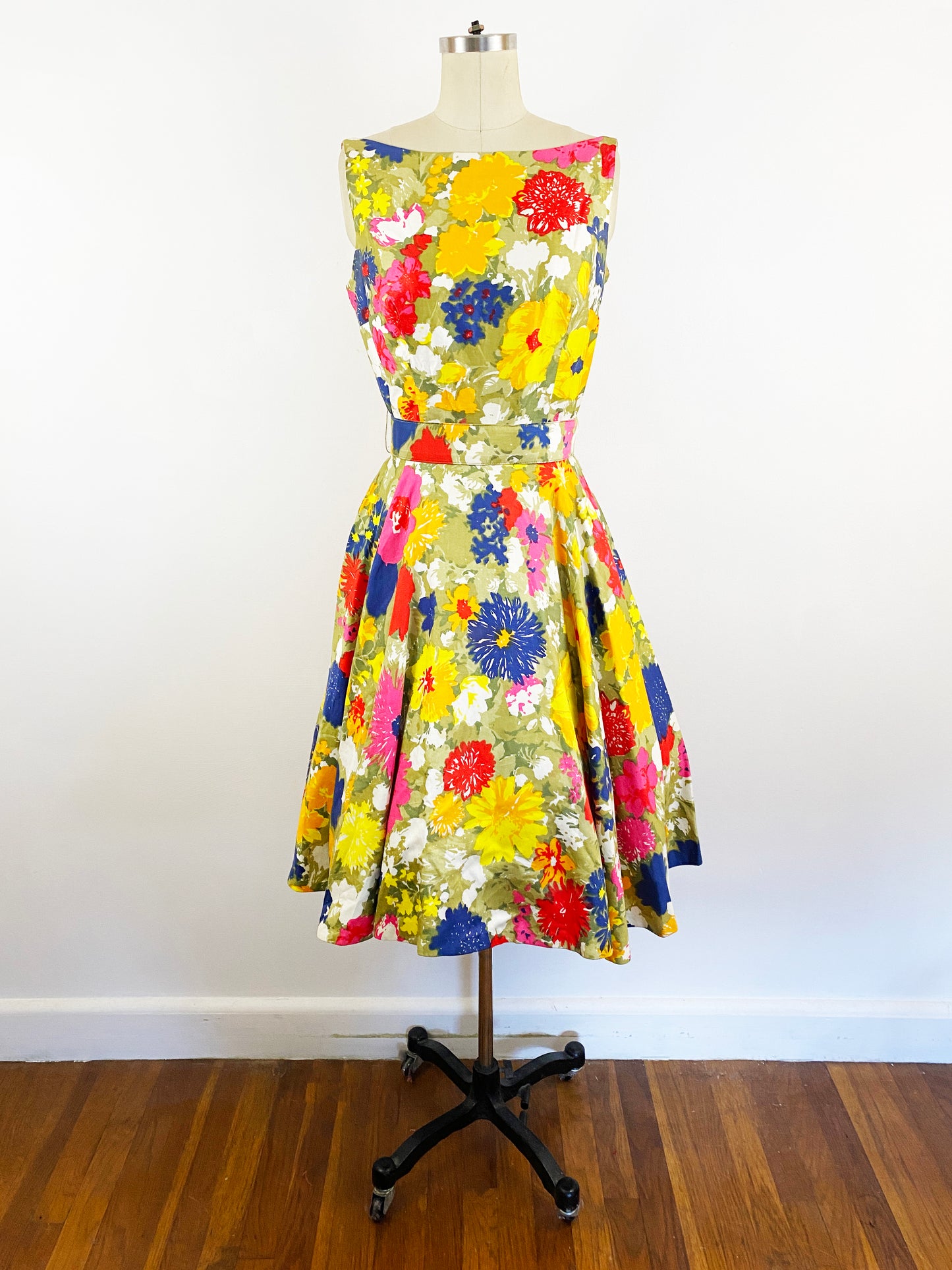 1960s Jay Herbert Rainbow Floral Print Sundress Low Scoop Back Colorful Cotton Day Dress Fit and Flare / Small