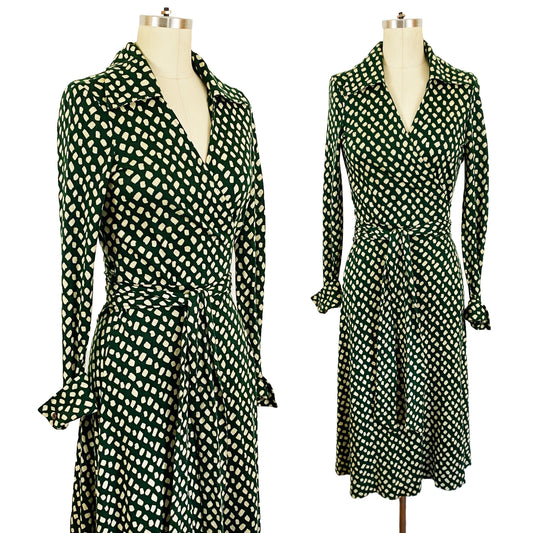 1970s Diane Von Furstenberg Cotton Polka Dot Jersey Wrap Dress Green Cream A-line Midi Dress Designer DVF / Medium