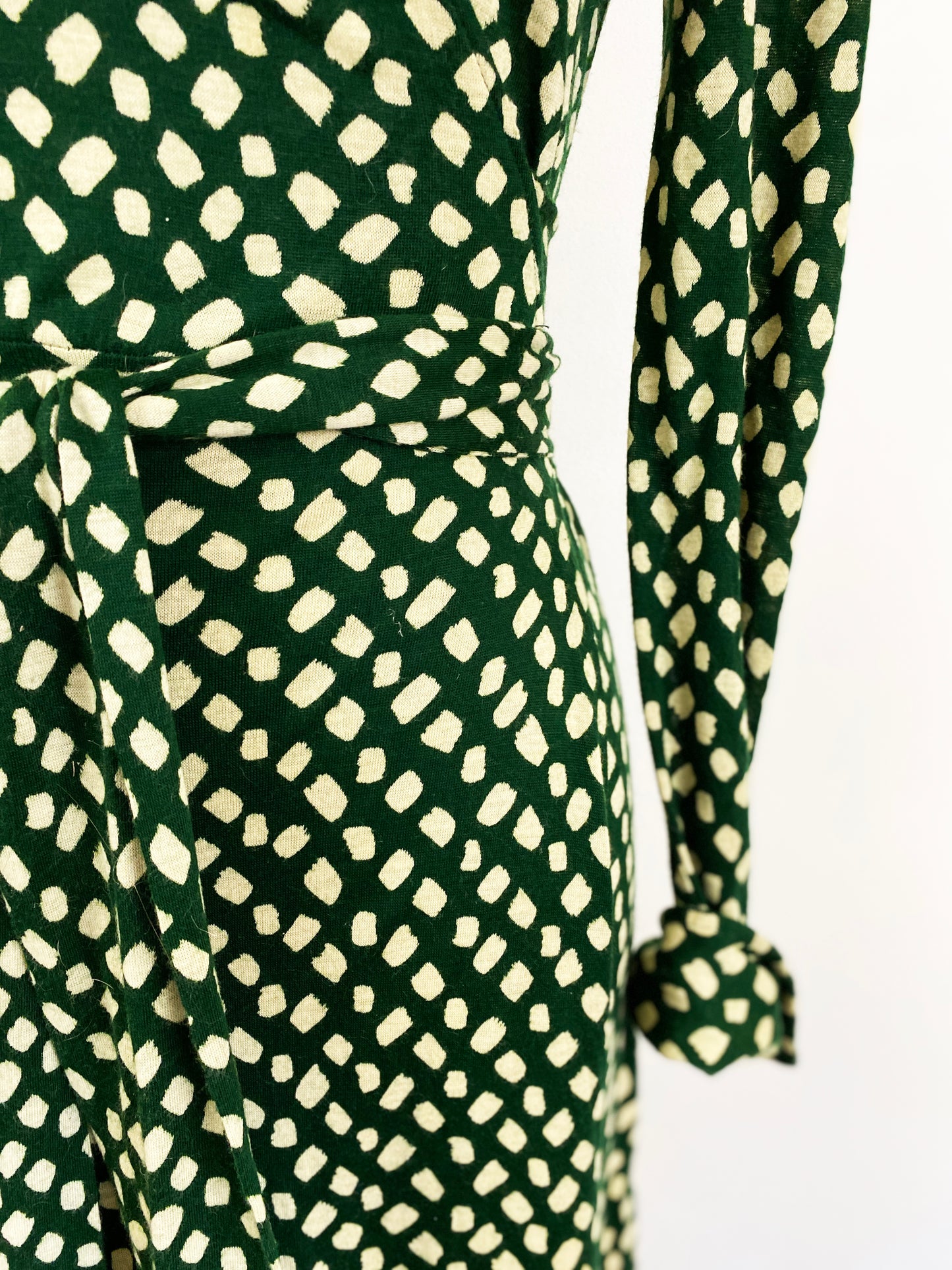1970s Diane Von Furstenberg Cotton Polka Dot Jersey Wrap Dress Green Cream A-line Midi Dress Designer DVF / Medium