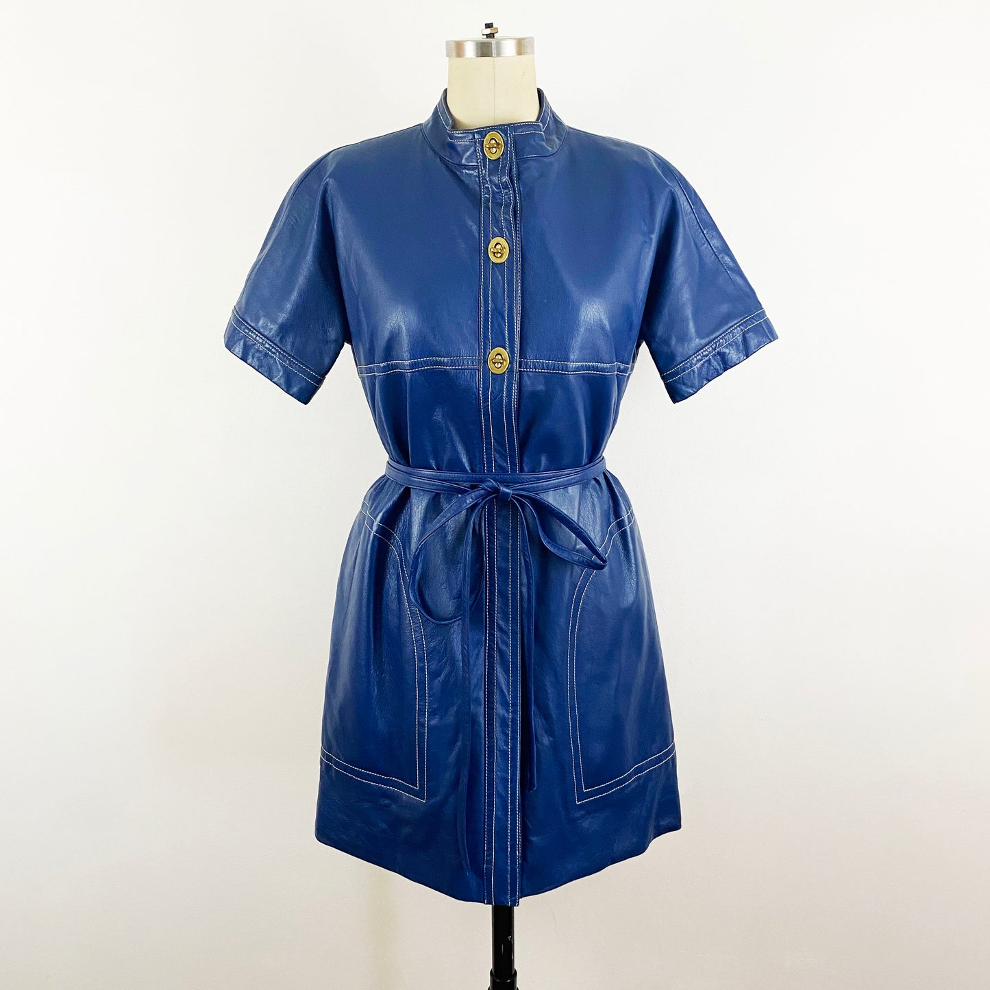 1960s Bonnie Cashin Sills Navy Leather Toggle Short Sleeve Coat Mod Nehru Collar Minimalist / Small Medium