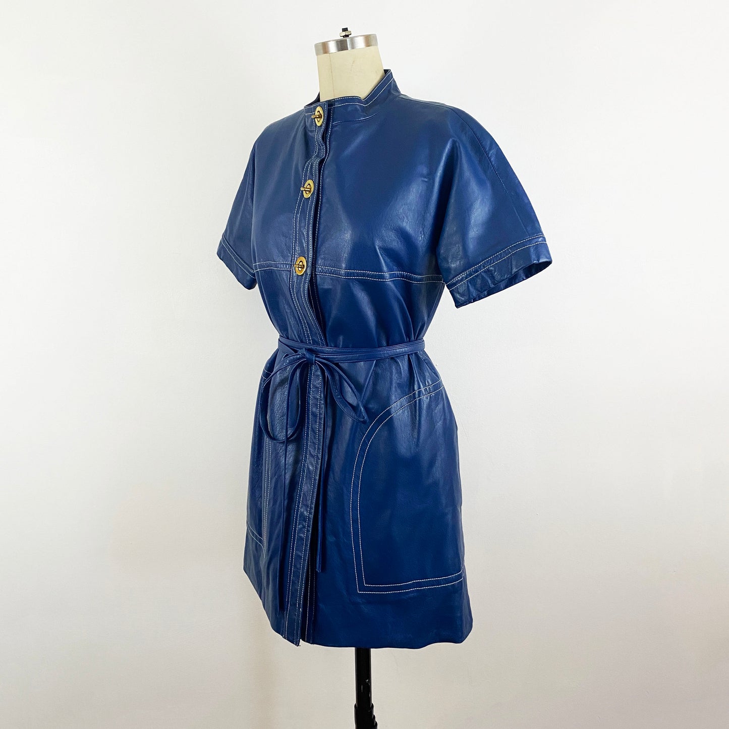 1960s Bonnie Cashin Sills Navy Leather Toggle Short Sleeve Coat Mod Nehru Collar Minimalist / Small Medium