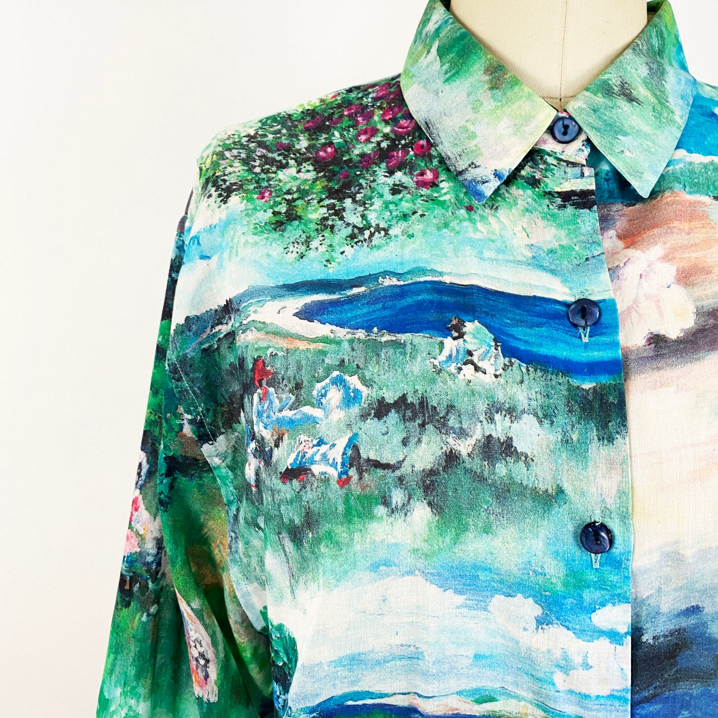 1980s Renato Nucci Paris Impressionist Painting All Over Print Cotton Long Sleeve Blouse Vintage Romantic Art Top Made In France / Large