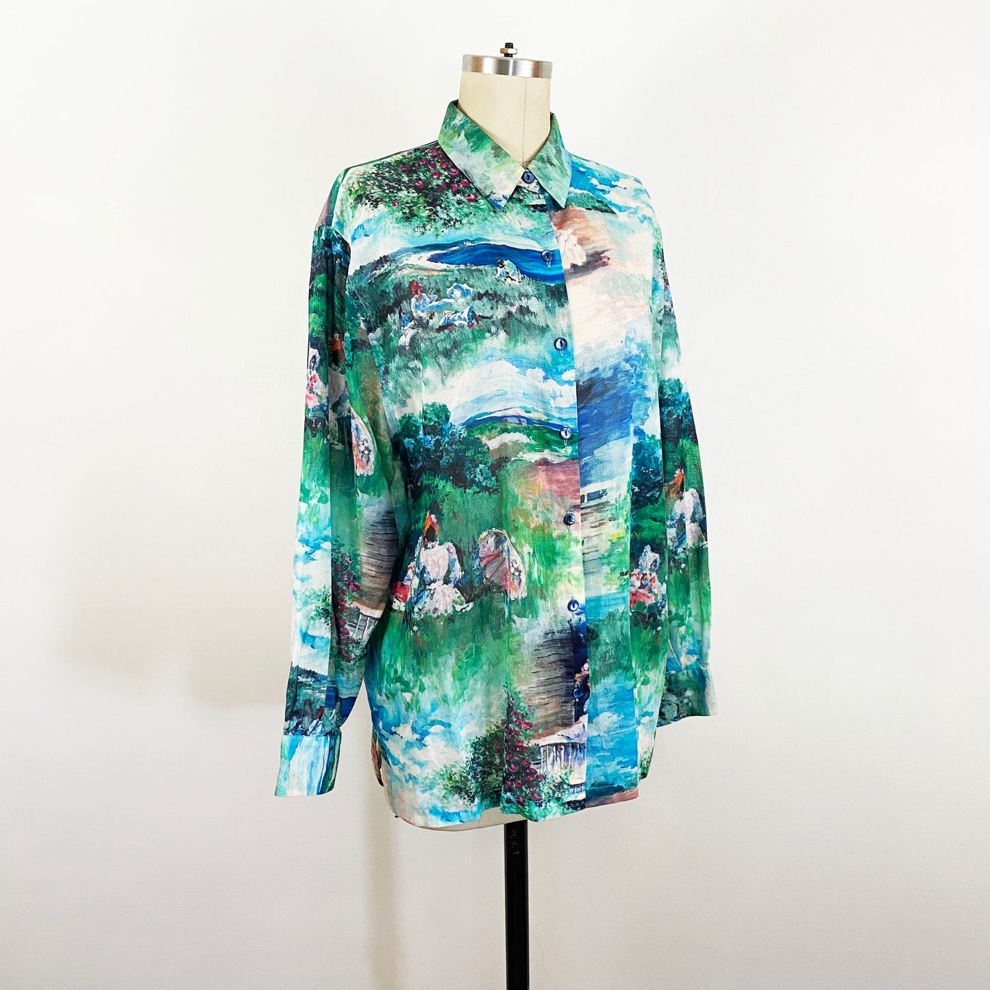 1980s Renato Nucci Paris Impressionist Painting All Over Print Cotton Long Sleeve Blouse Vintage Romantic Art Top Made In France / Large