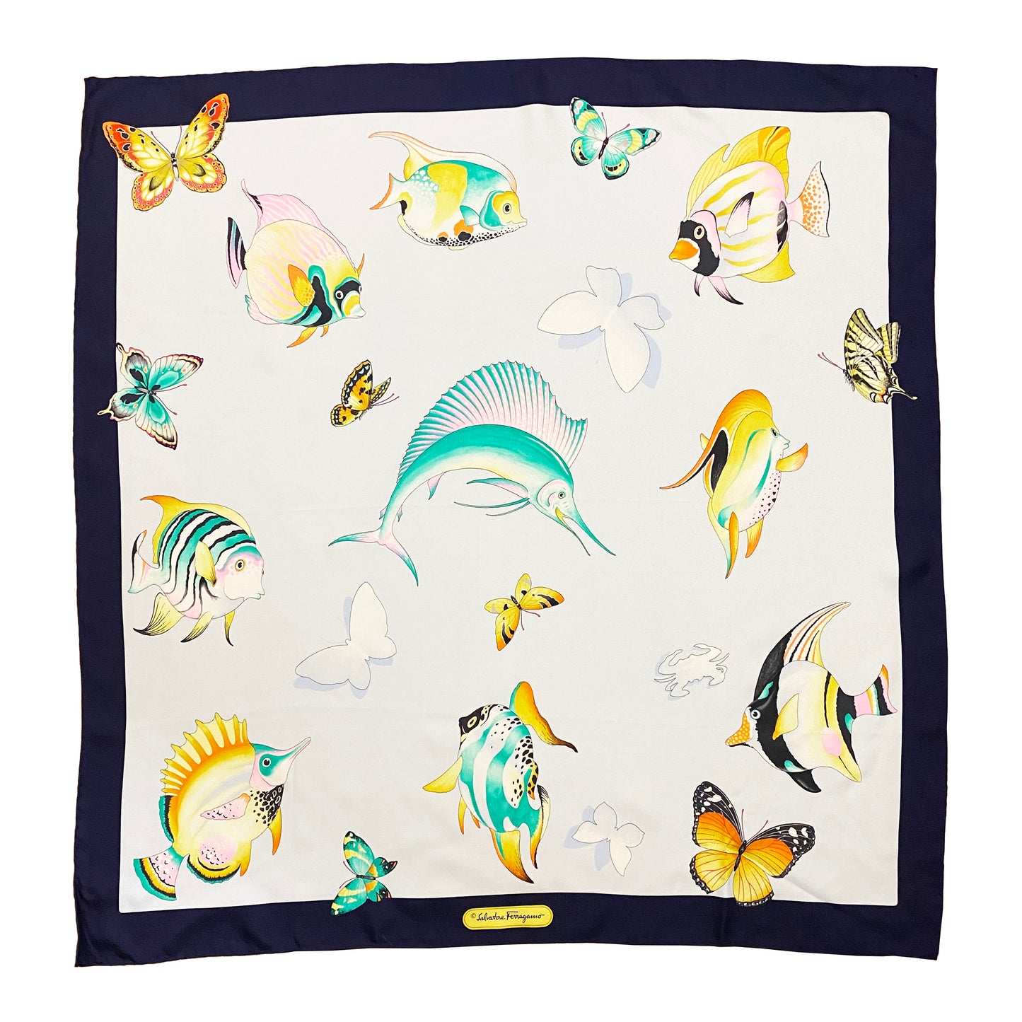 Vintage Salvatore Ferragamo Tropical Fish and Butterfly Large Silk Twill Scarf 90 cm