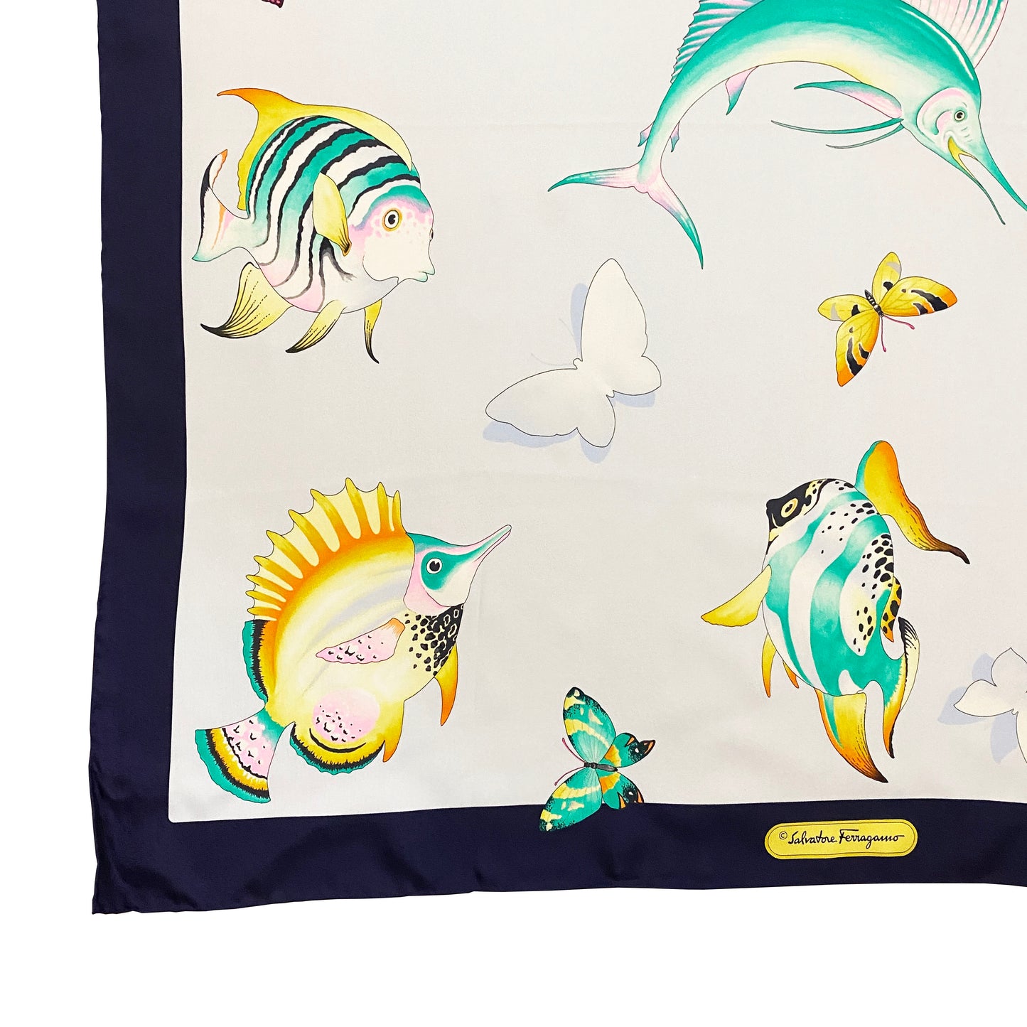 Vintage Salvatore Ferragamo Tropical Fish and Butterfly Large Silk Twill Scarf 90 cm