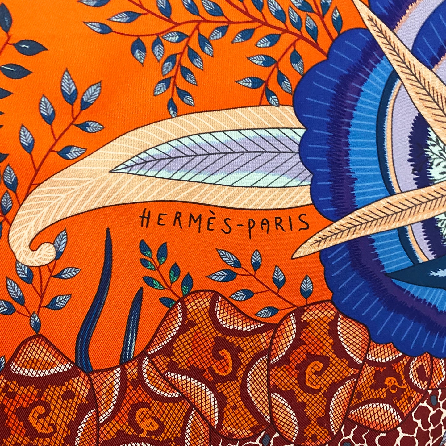 Hermès Ardmore Artists design “Flowers of South Africa” 100% Silk Scarf Orange and Blue 90 cm