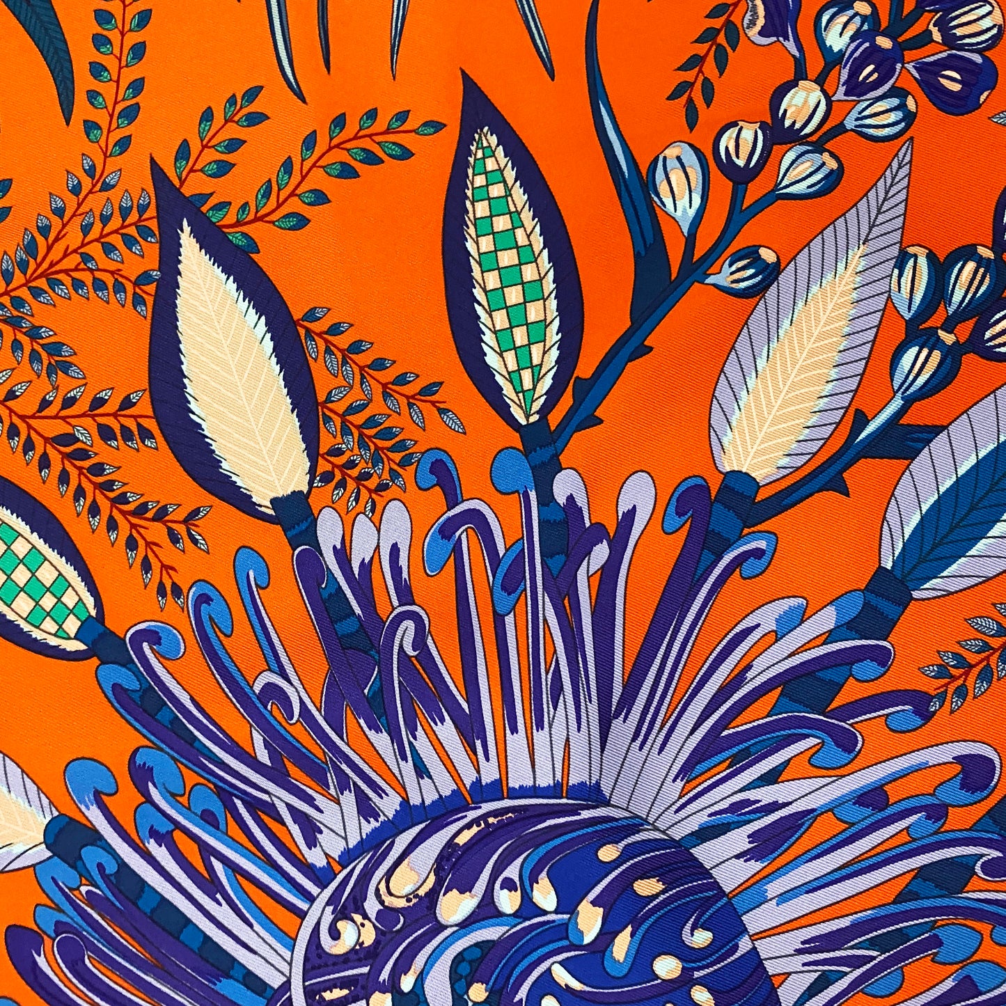 Hermès Ardmore Artists design “Flowers of South Africa” 100% Silk Scarf Orange and Blue 90 cm