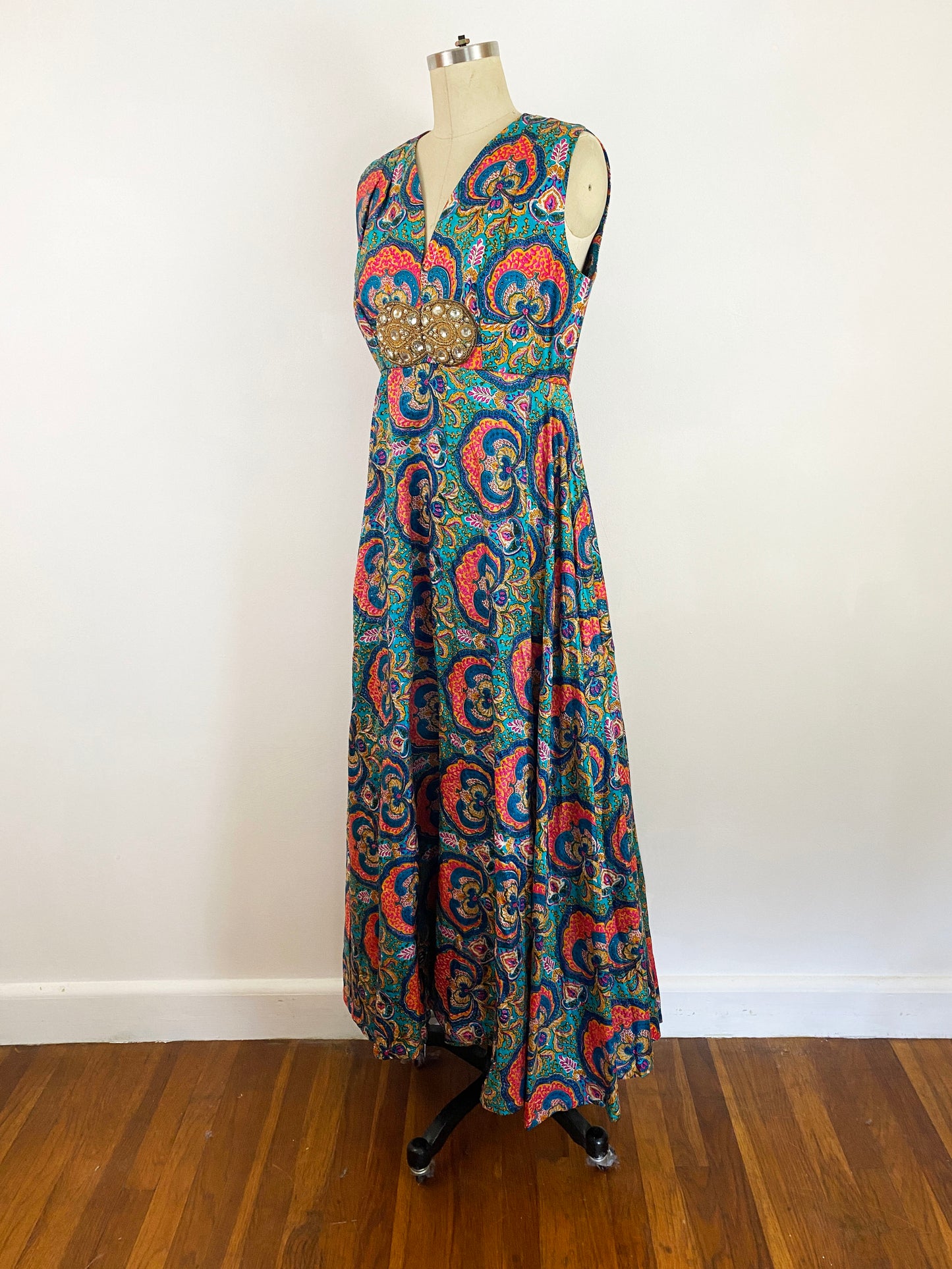 1970s Sabina of India Silk Hand Block Print Rainbow Paisley Maxi Dress Full Skirt Bejeweled Waist Evening Dress / Small/Medium 6/8