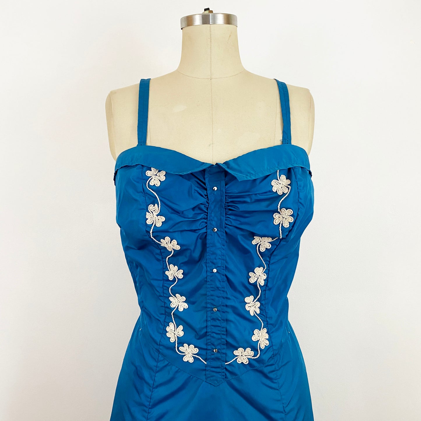 1950s Catalina Blue Nylon Smocked Skirted Swimsuit Retro Swim Dress Rockabilly Bathing Suit Bombshell Plus Size / Extra Large 14/16